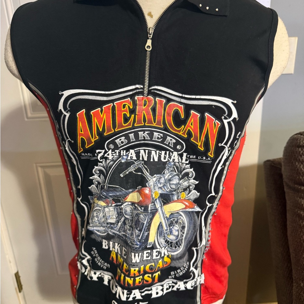Womens 2014 Daytona Beach Bobber Motorcycle 1/4‎ Zip Vest Glitter Red/Black XL
